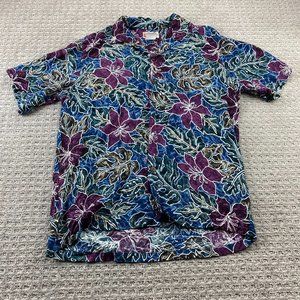 Vintage Hilo Hattie Rayon Hawaiian Shirt Men L Blue Purple Floral DEFECT BUTTONS